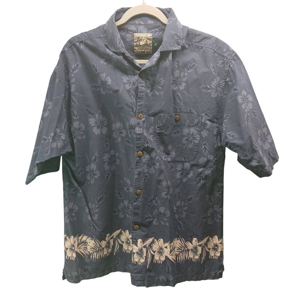 Steve &‎ Barrys Mens Large Hawaiian Shirt Navy Blue Cotton Floral Hibiscus Print